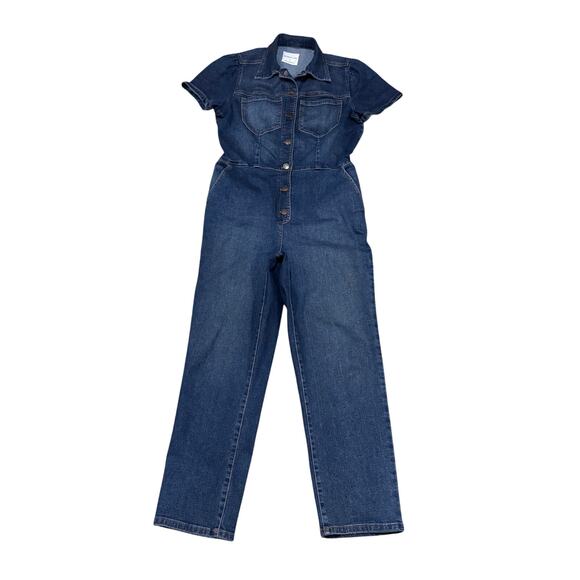 Celebrity Pink Blue Jean Denim Coveralls Jumpsuit Short Sleeve Women Size Large - Picture 1 of 7